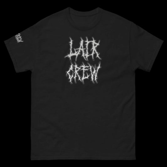 Black "Lair Crew Tee" with white graphic design on the front, 100% cotton.